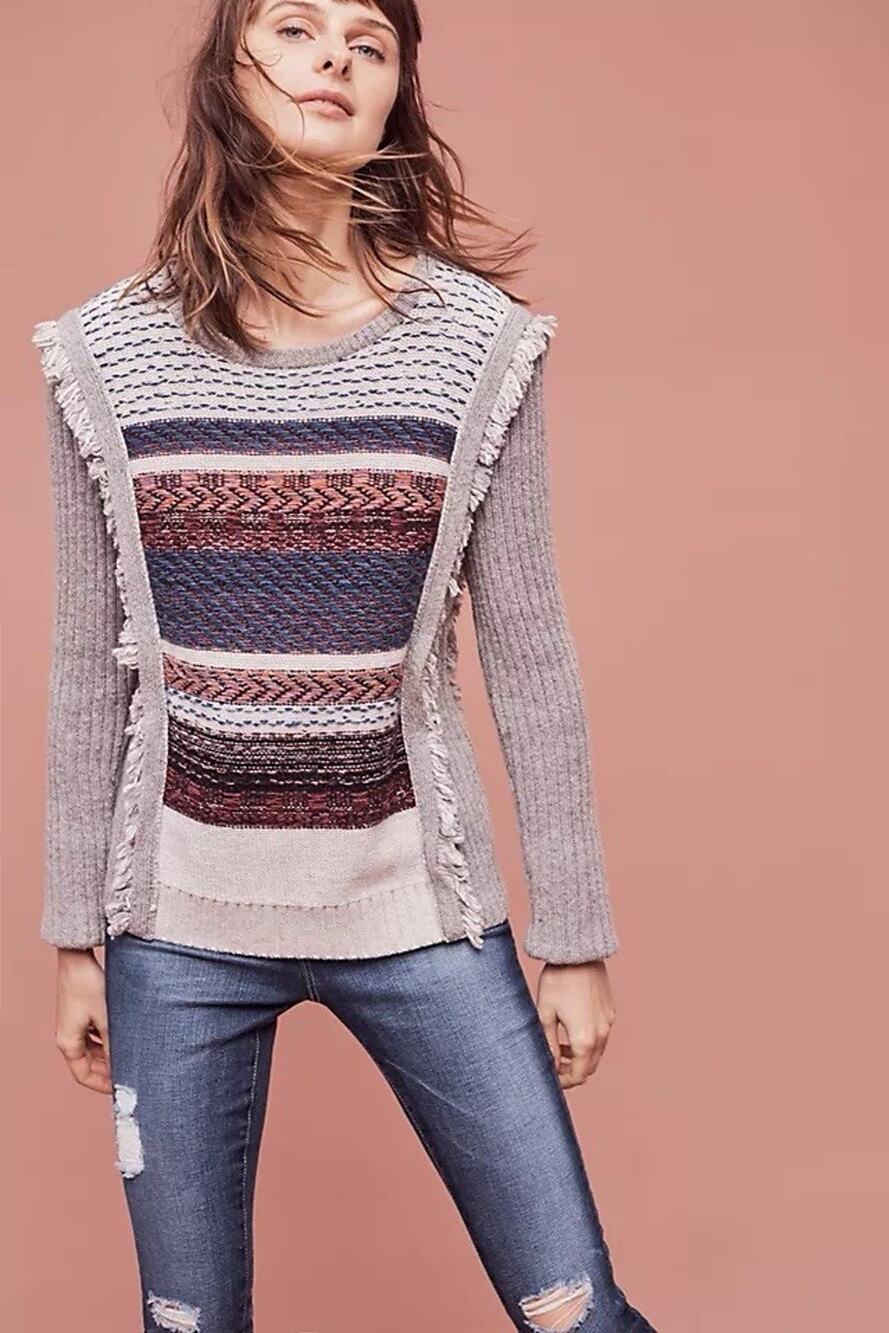 Anthro WHITE + WARREN Women's Cashmere Blend Knit Fair Isle Sweater Size Med